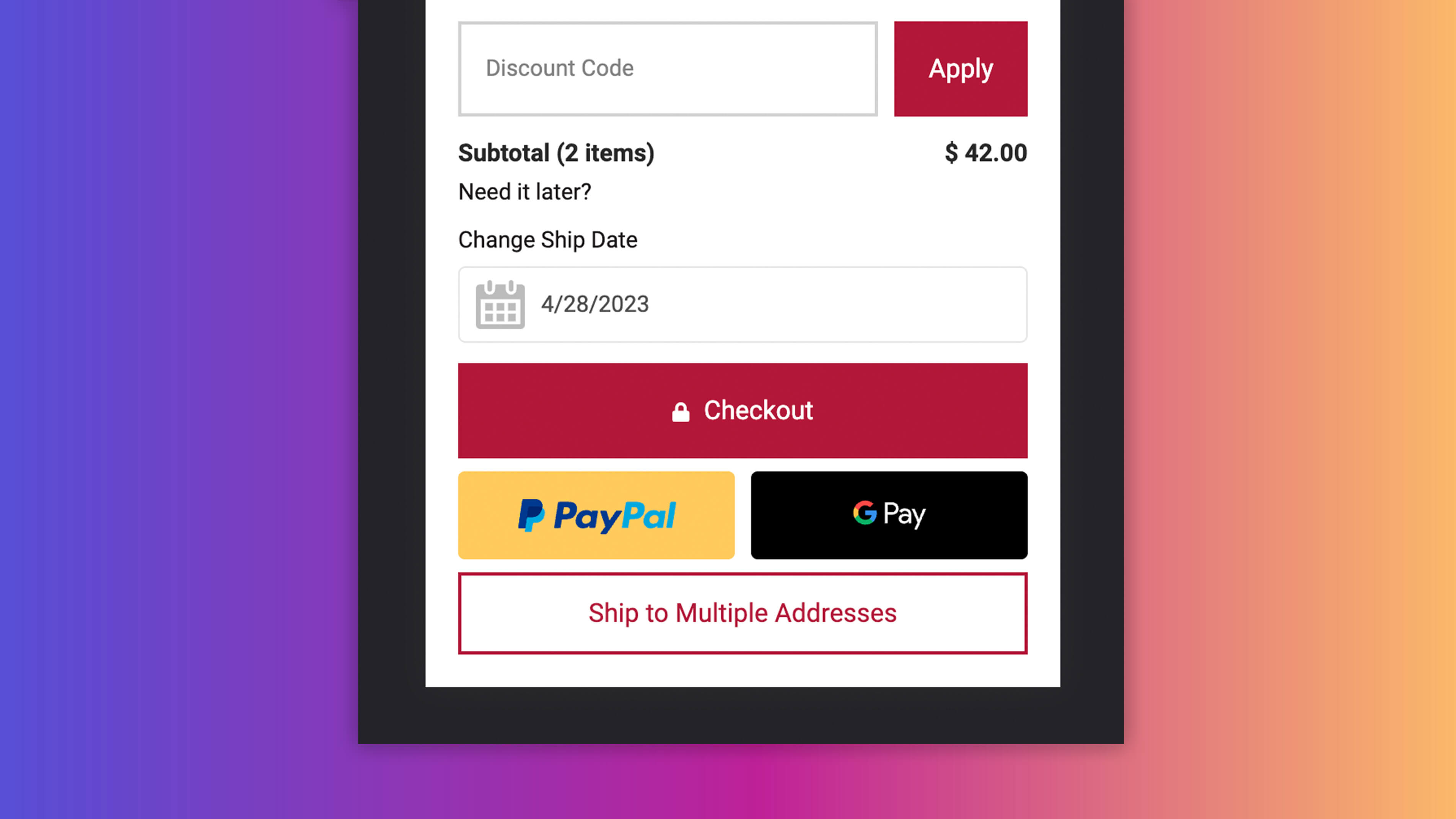 The GiftShip Change Ship Date option is shown in the shopping cart